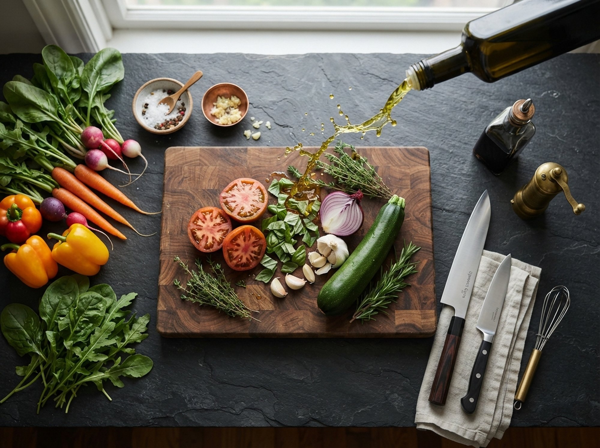 Studio mise en place with ingredients and tools